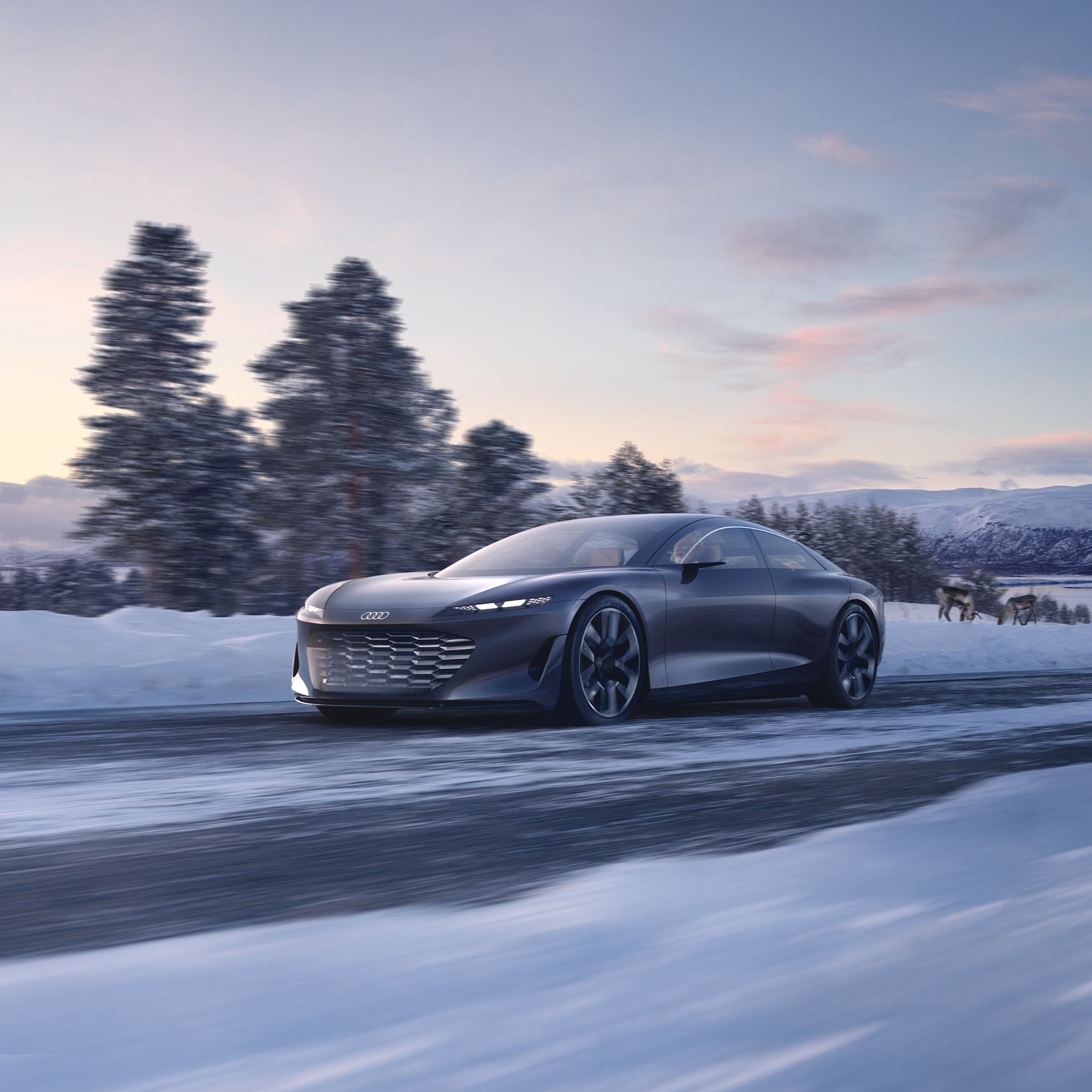 El Audi grandsphere concept en una carretera cubierta de nieve.