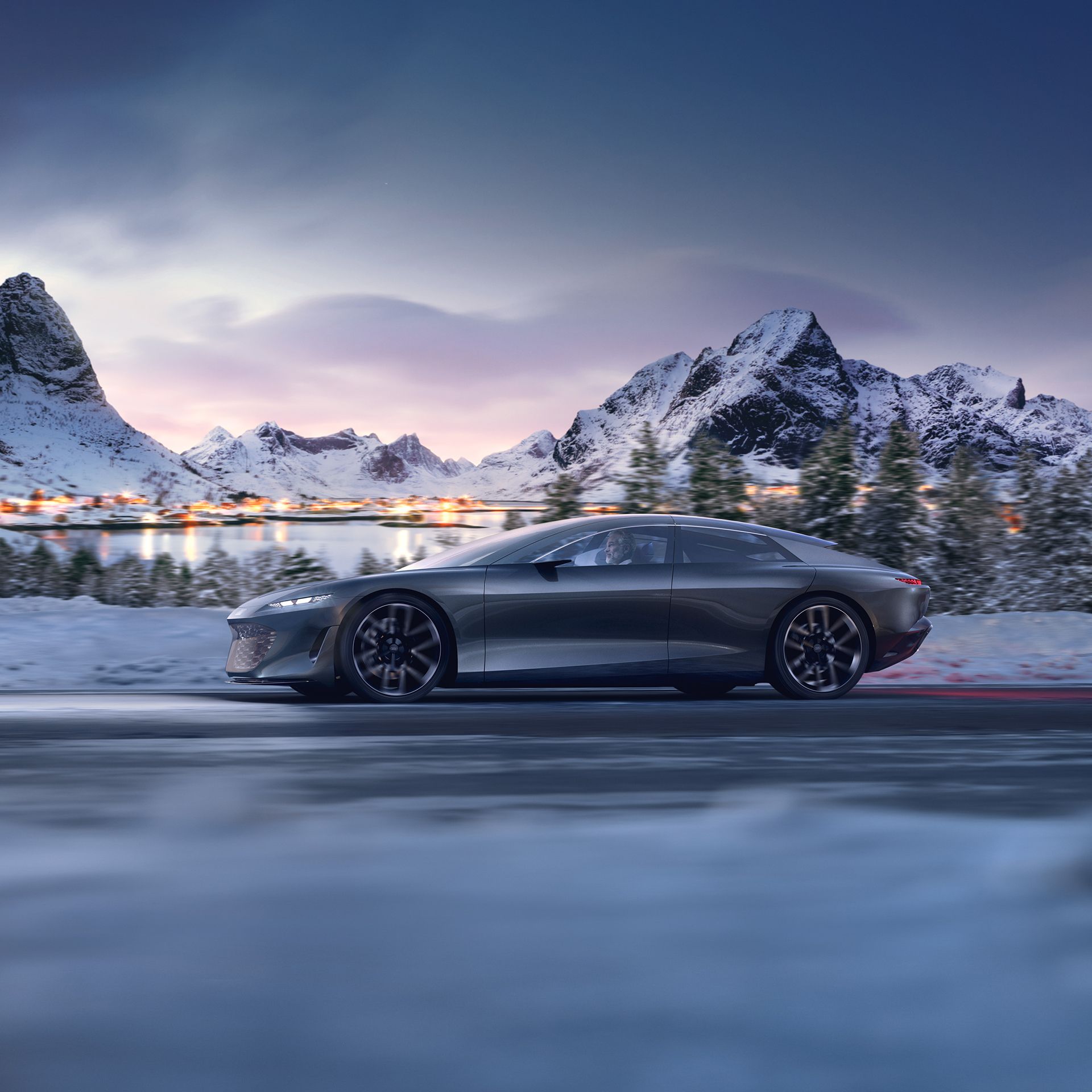 Bir kış manzarasında Audi grandsphere concept.