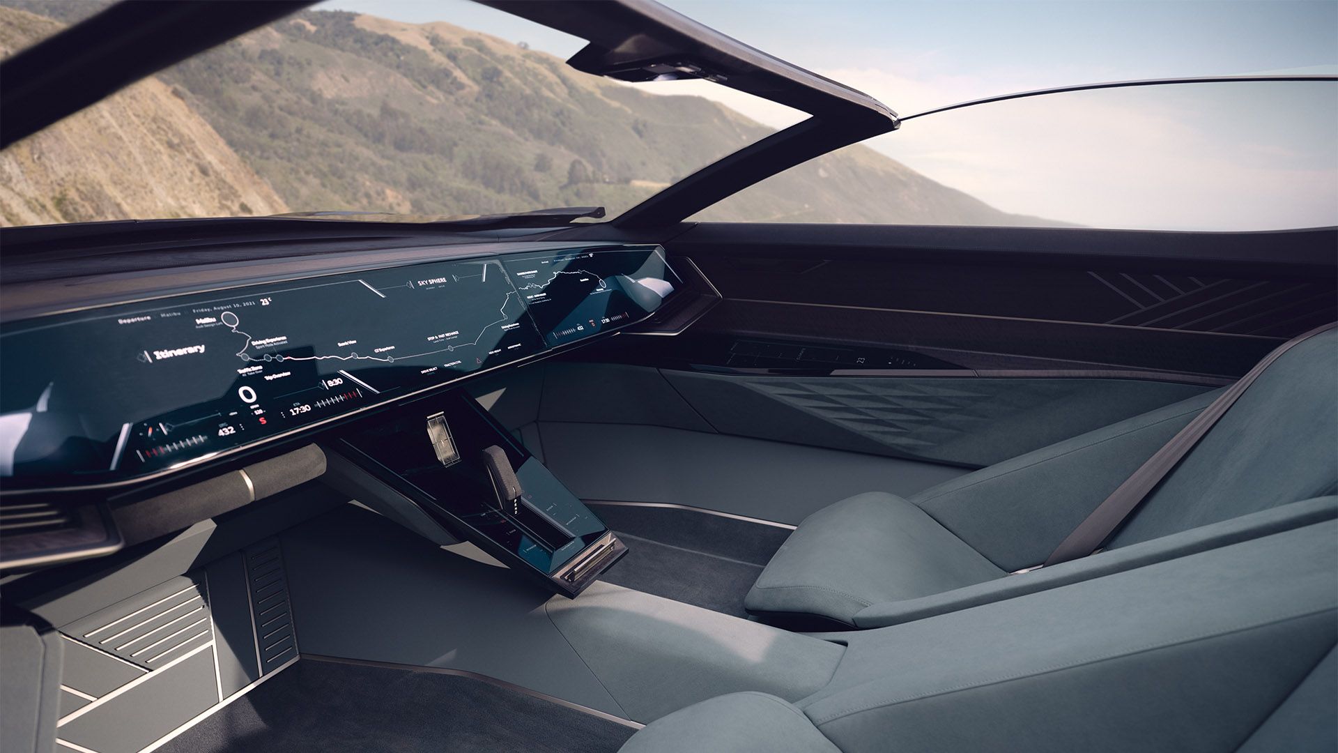 奥迪 skysphere 概念车在“Grand Touring”模式下的驾驶舱侧视图。