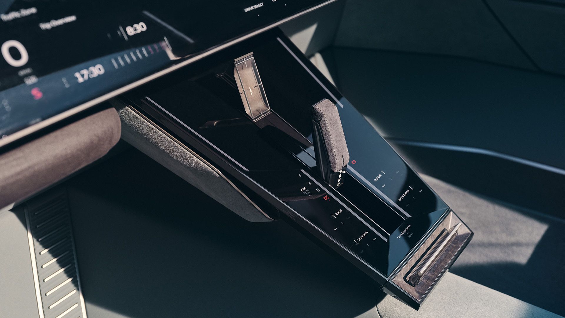 Détail de la console centrale et des éléments de commande de l'Audi skysphere concept en mode « Sport ».
