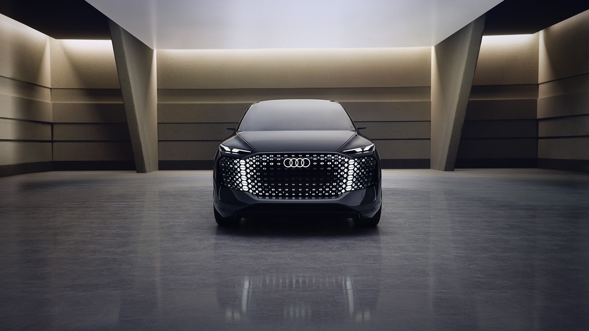 Işıklı LED'lere sahip Audi urbansphere concept otomobilin önden görünümü.