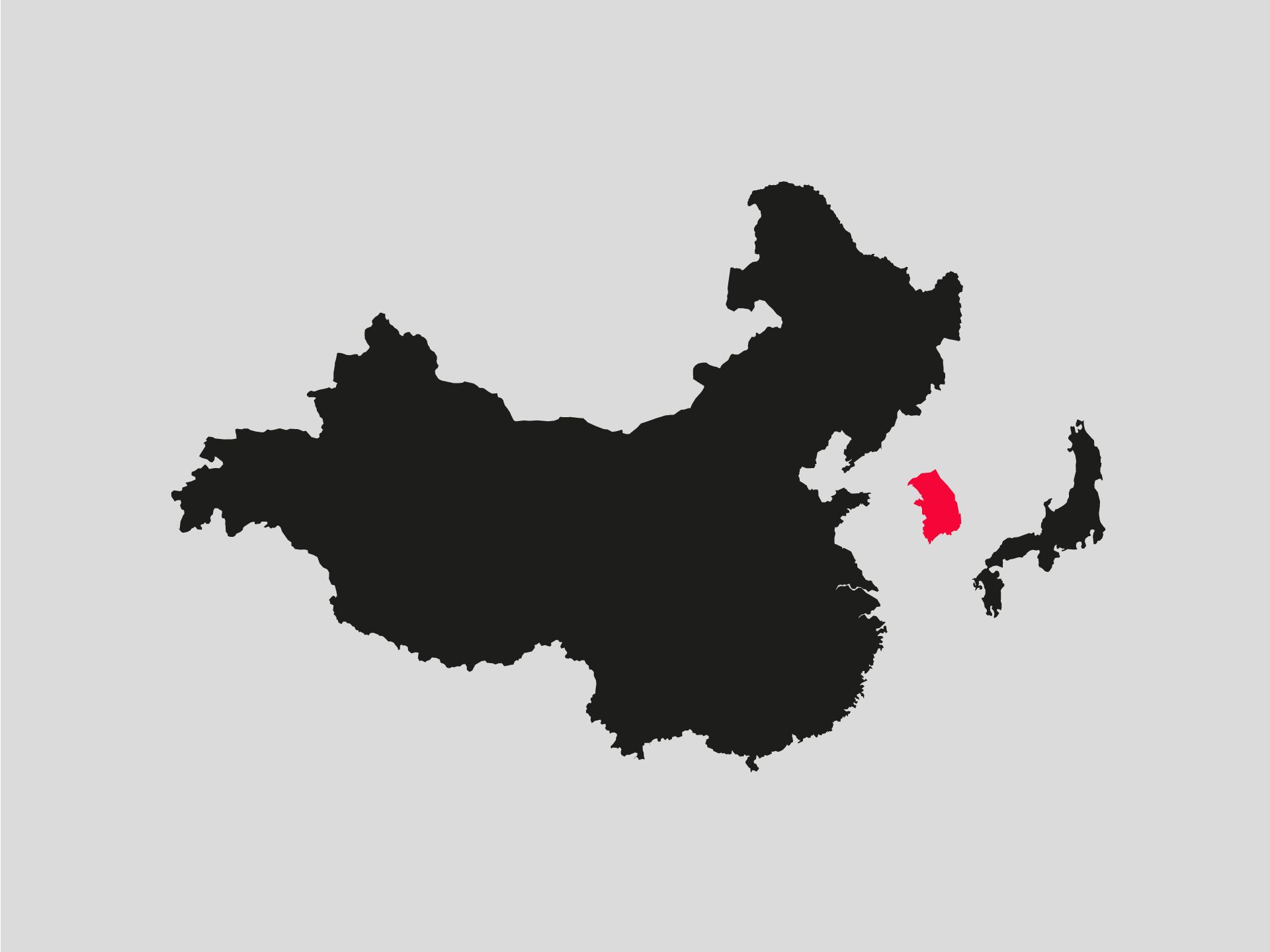 This map shows the outlines of China, South Korea and Japan. South Korea is highlighted in color.