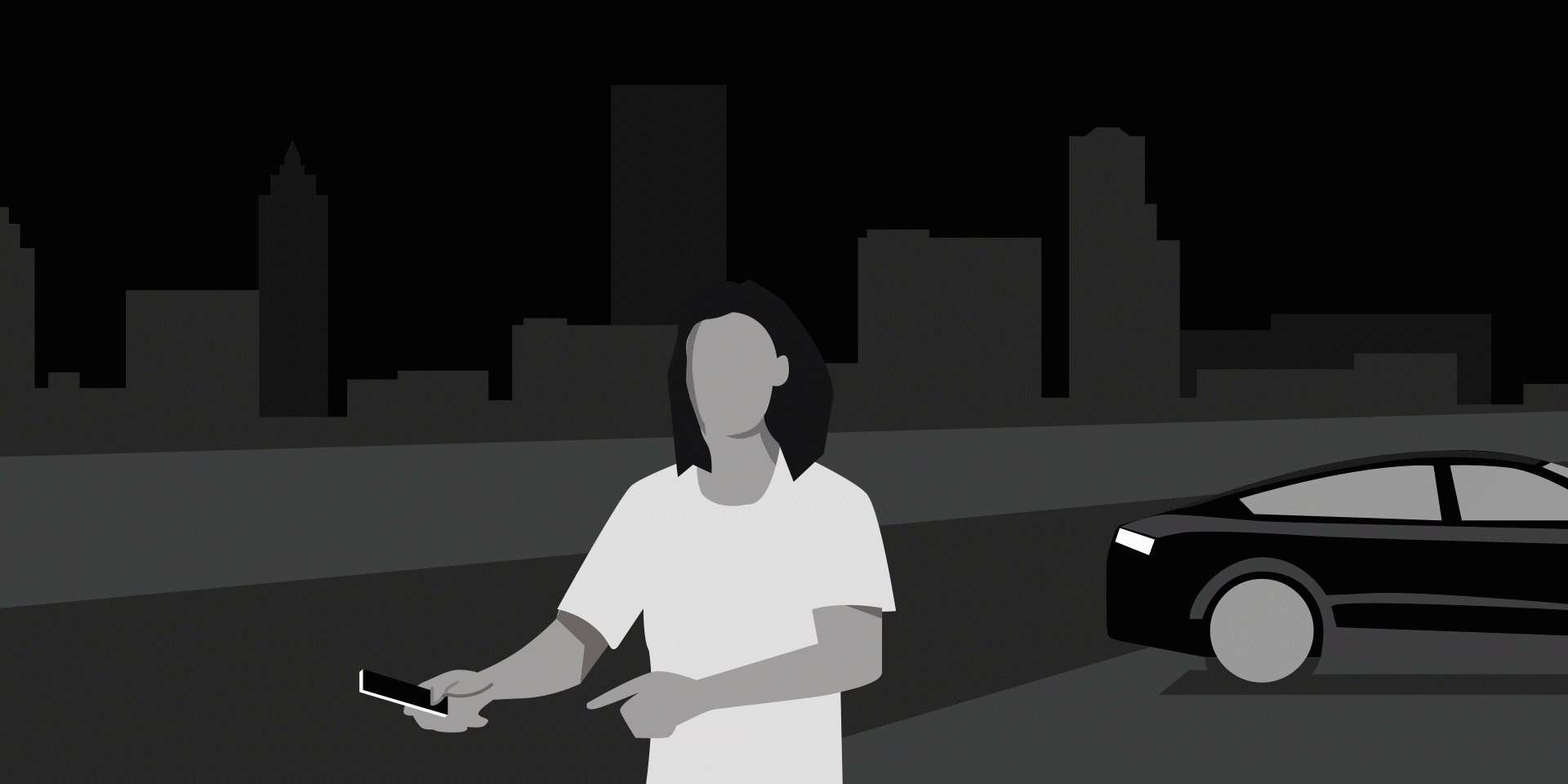 This illustration shows a person with a smartphone and a vehicle in the background. Symbols in the foreground indicate that the person is connected to the vehicle via their phone and can operate it by using various functions.