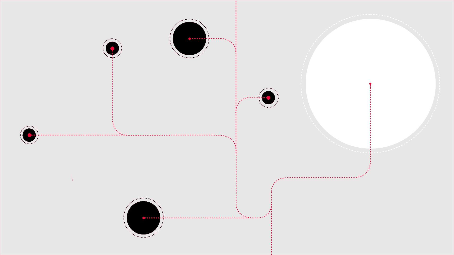 On the illustration there are several partly pulsating circles in different colors and shapes, which are connected by regularly recurring lines.