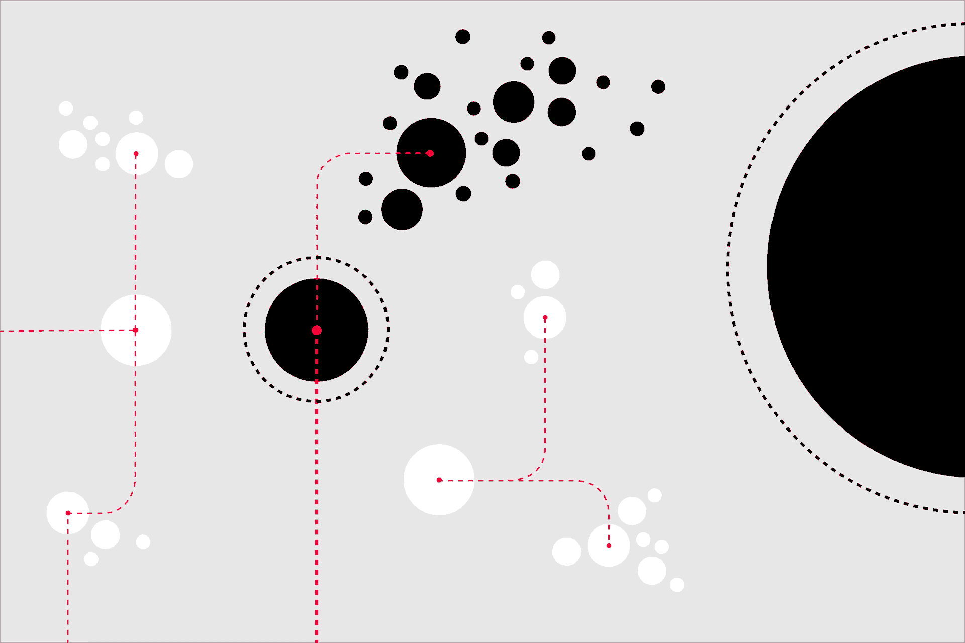 In dem Bild sind diverse kreisförmige, teils miteinander verbundene Gebilde zu sehen. In regelmäßigen Abständen bilden sich weitere rote Kreise, die sich durch Linien miteinander verbinden.
