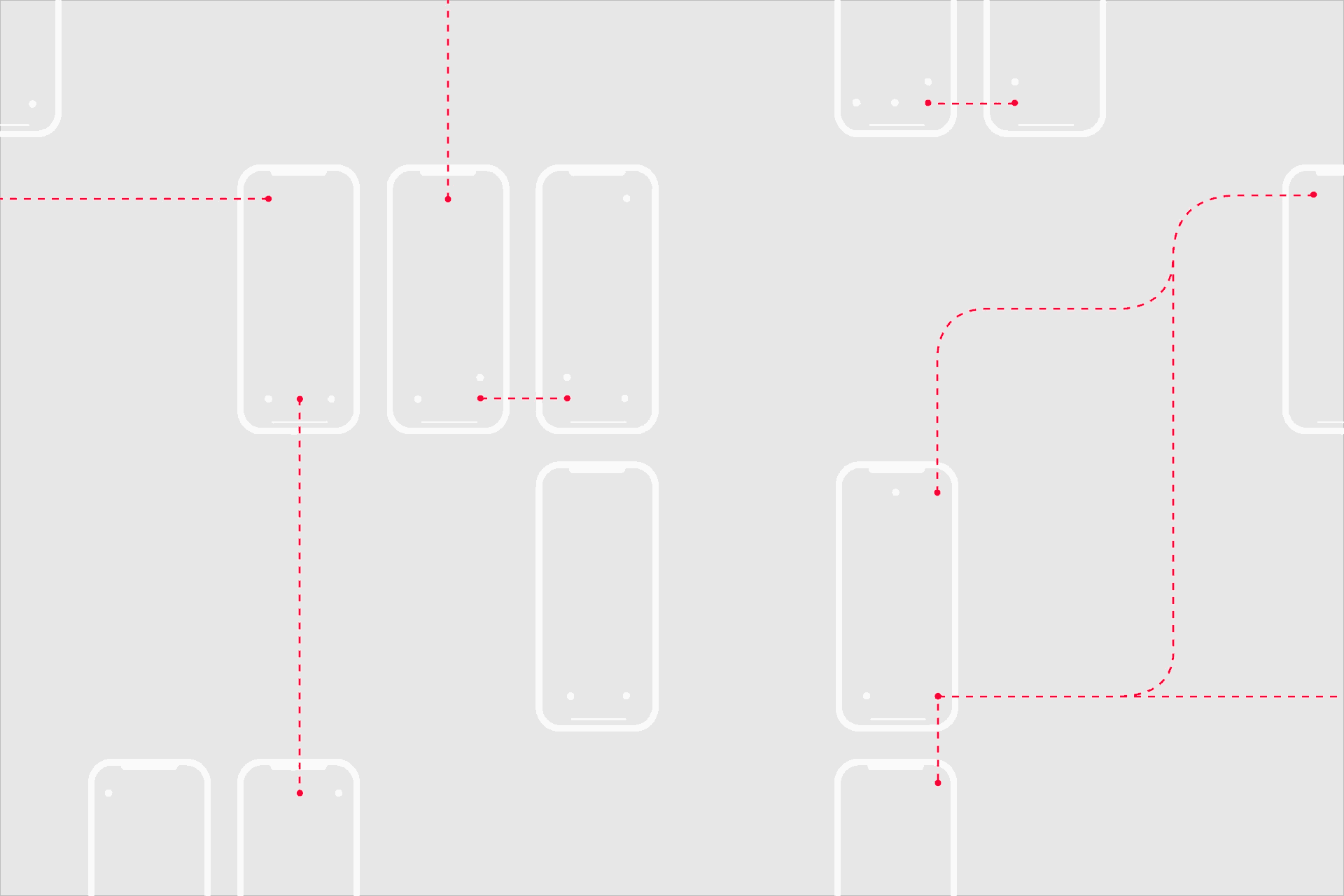 Auf der Illustration sind rechteckige Formen zu sehen, die Relais oder Mobiltelefone symbolisieren können. Diese vernetzen sich in regelmäßigen Abständen, indem sie durch Linien verbunden werden.