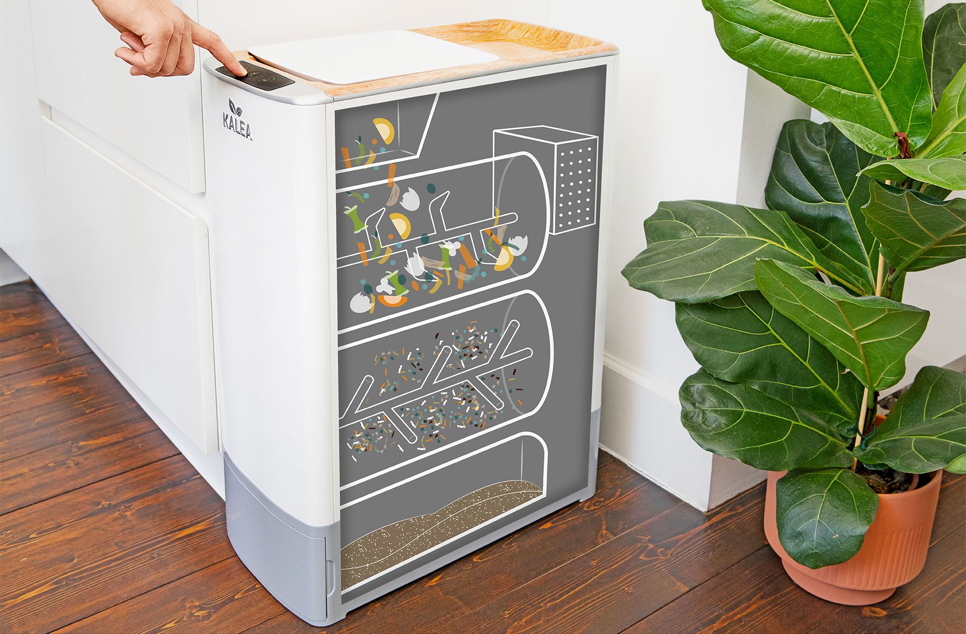 Kalea, a smart kitchen appliance, turns organic waste into nutrient-rich compost for plants in just 48 hours, making it a sustainable solution for kitchen waste disposal in urban households. 