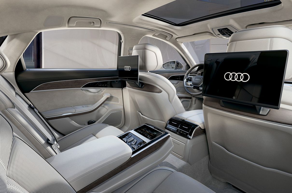 The rear seats in the Audi A8 sedan.