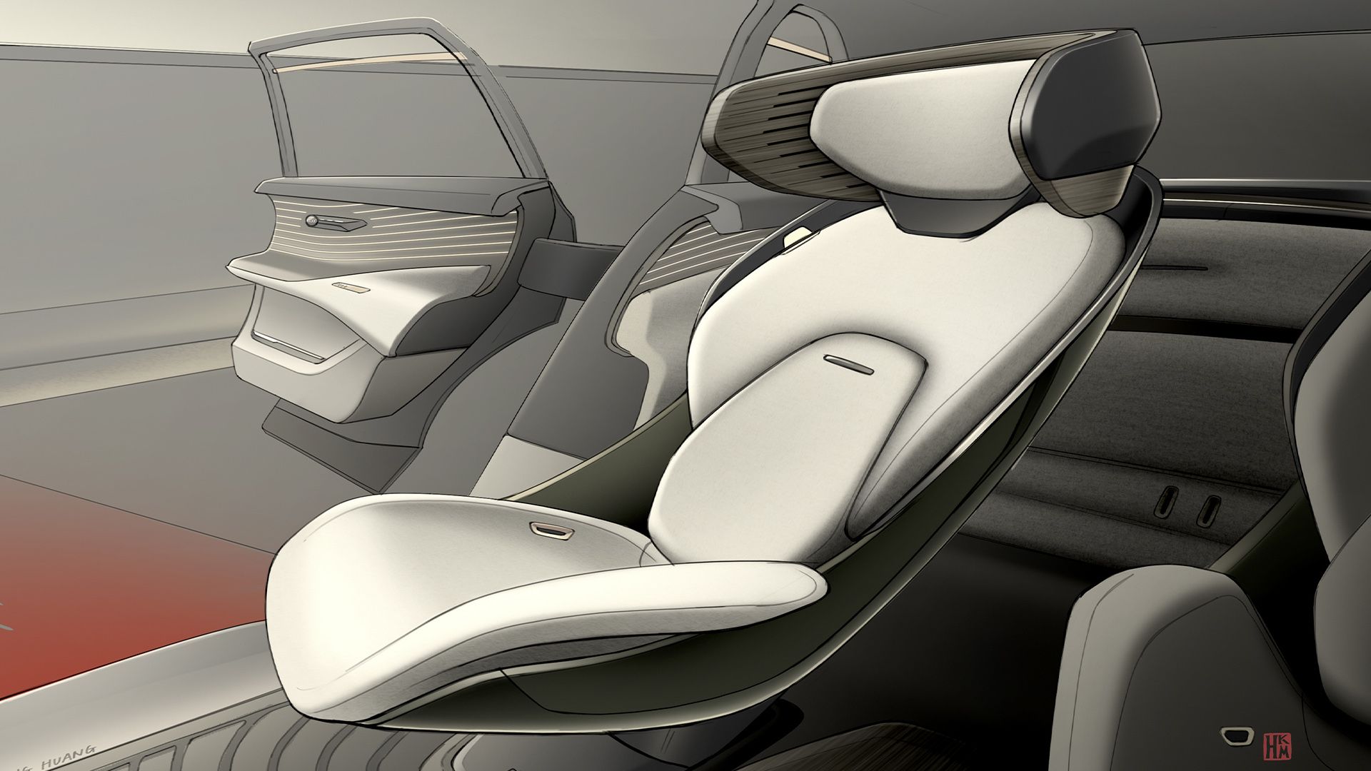 A sketch depicts a car seat turned towards an open door.