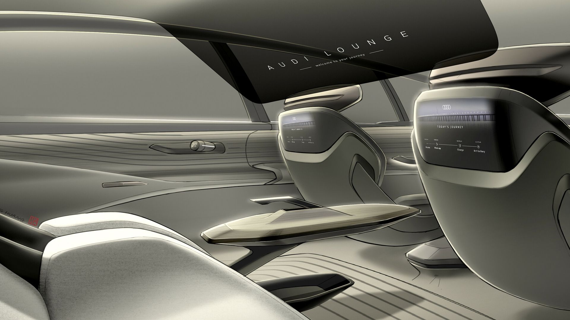 Uno schizzo digitale mostra “Audi Lounge”, l’abitacolo del veicolo. 