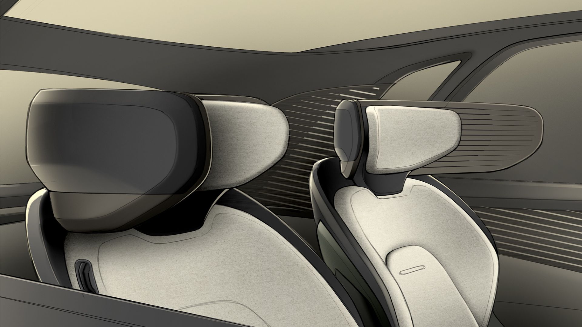 The digital sketch depicts the car seats’ collar elements, which screen occupants off from one another.