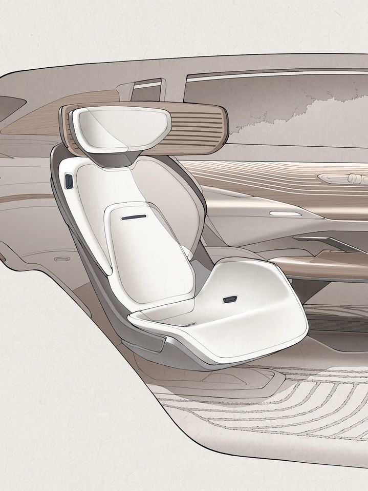 Een schets laat een autostoel in de Audi urbansphere concept in ware grootte zien.