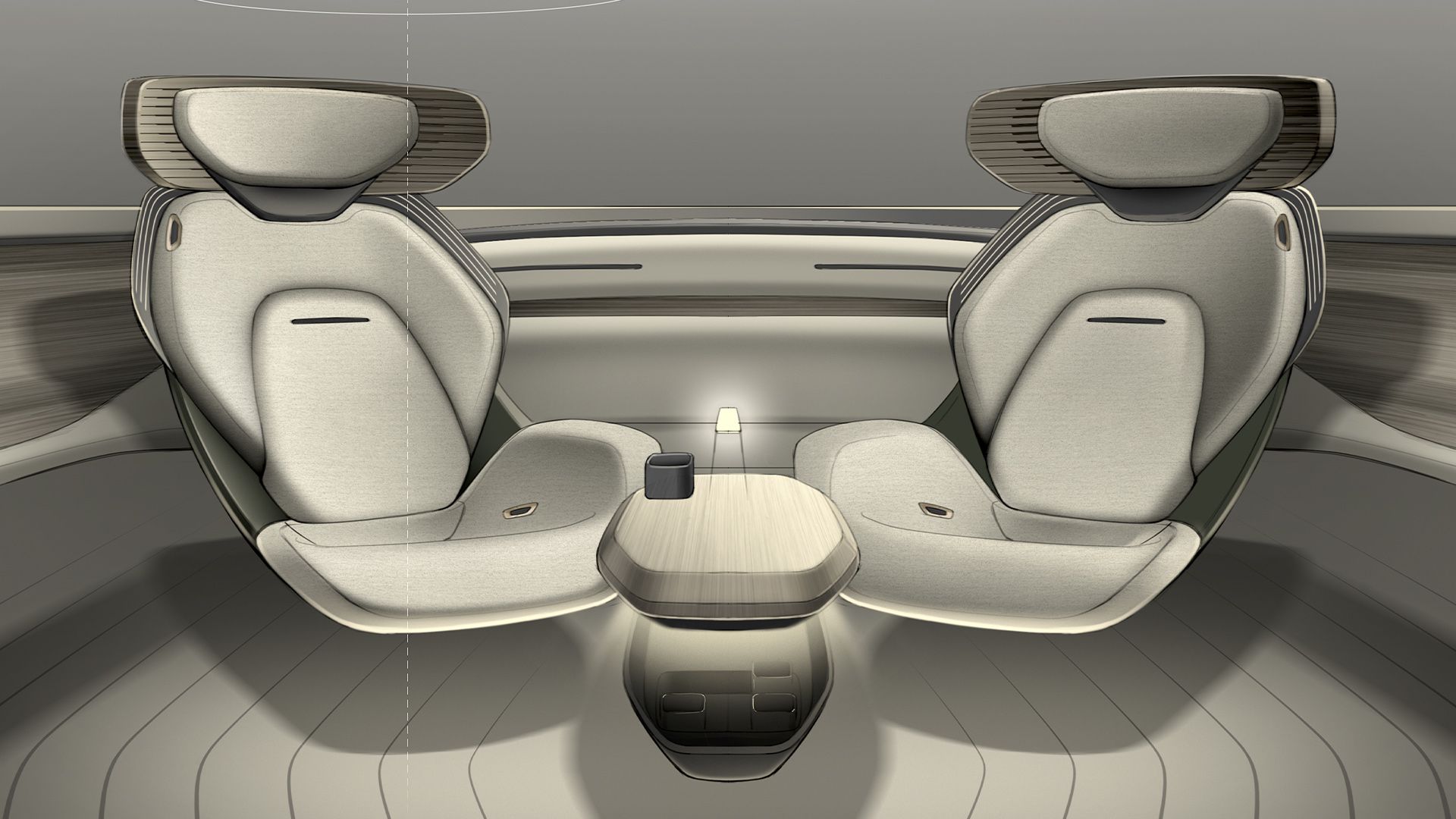 Een schets laat twee autostoelen in de Audi urbansphere concept zien, die naar elkaar toe zijn gedraaid met een tafel in het midden.