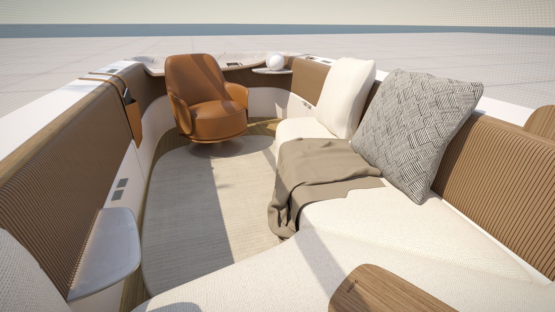 Le design intérieur par Poliform pour l'Audi urbansphere concept offre un habitacle confortable avec beaucoup de coussins et un fauteuil.