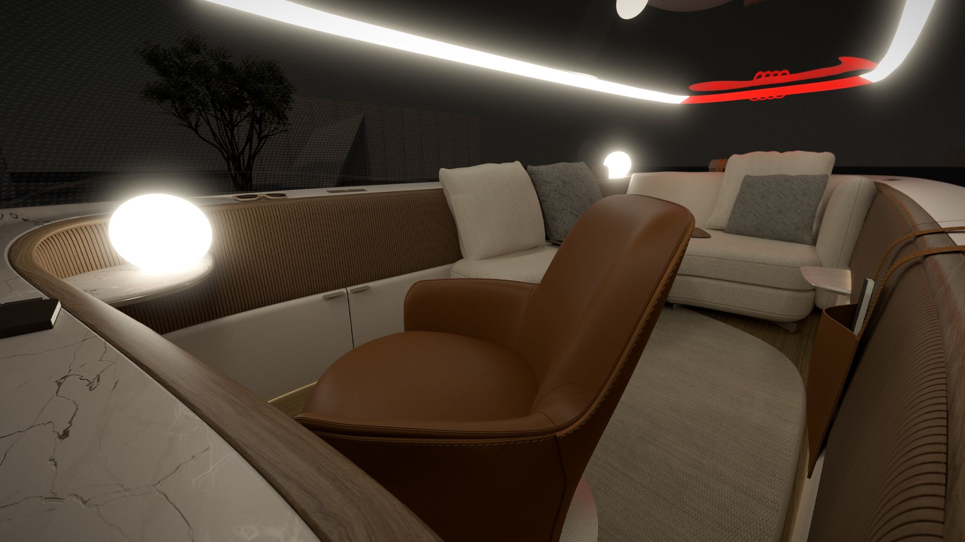 Poliform's interior design shows how the interior is illuminated in the dark with various light elements.