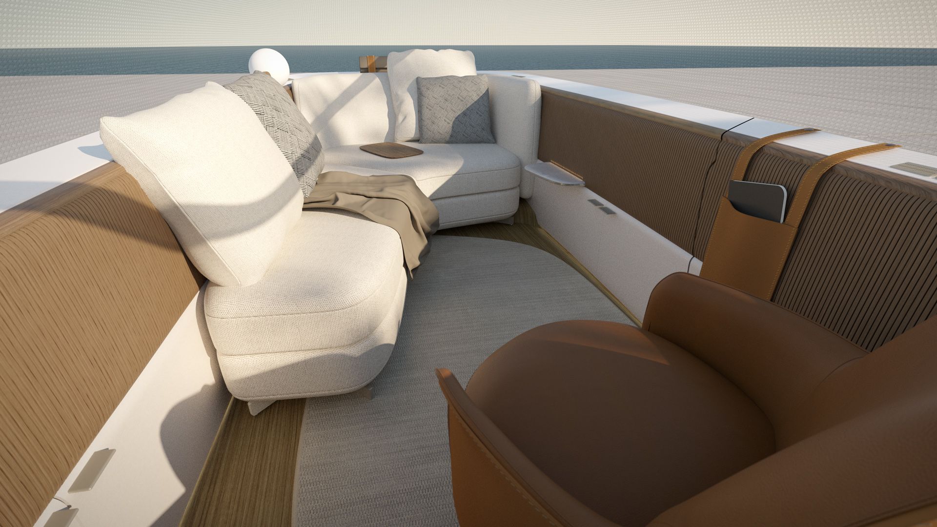 Der Interieur-Entwurf von Poliform für den Audi urbansphere concept zeigt einen gemütlichen Innenraum verschiedenen Sitzelementen.