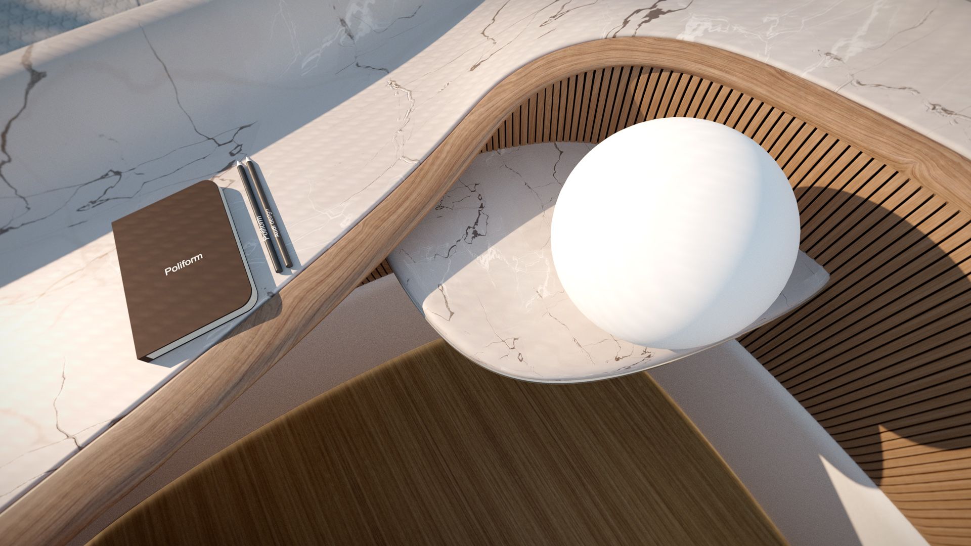 Auf einem Tisch im Interieur-Entwurf von Poliform für den Audi urbansphere concept liegt ein Notizblock mit einem Stift und eine runde Lampe.