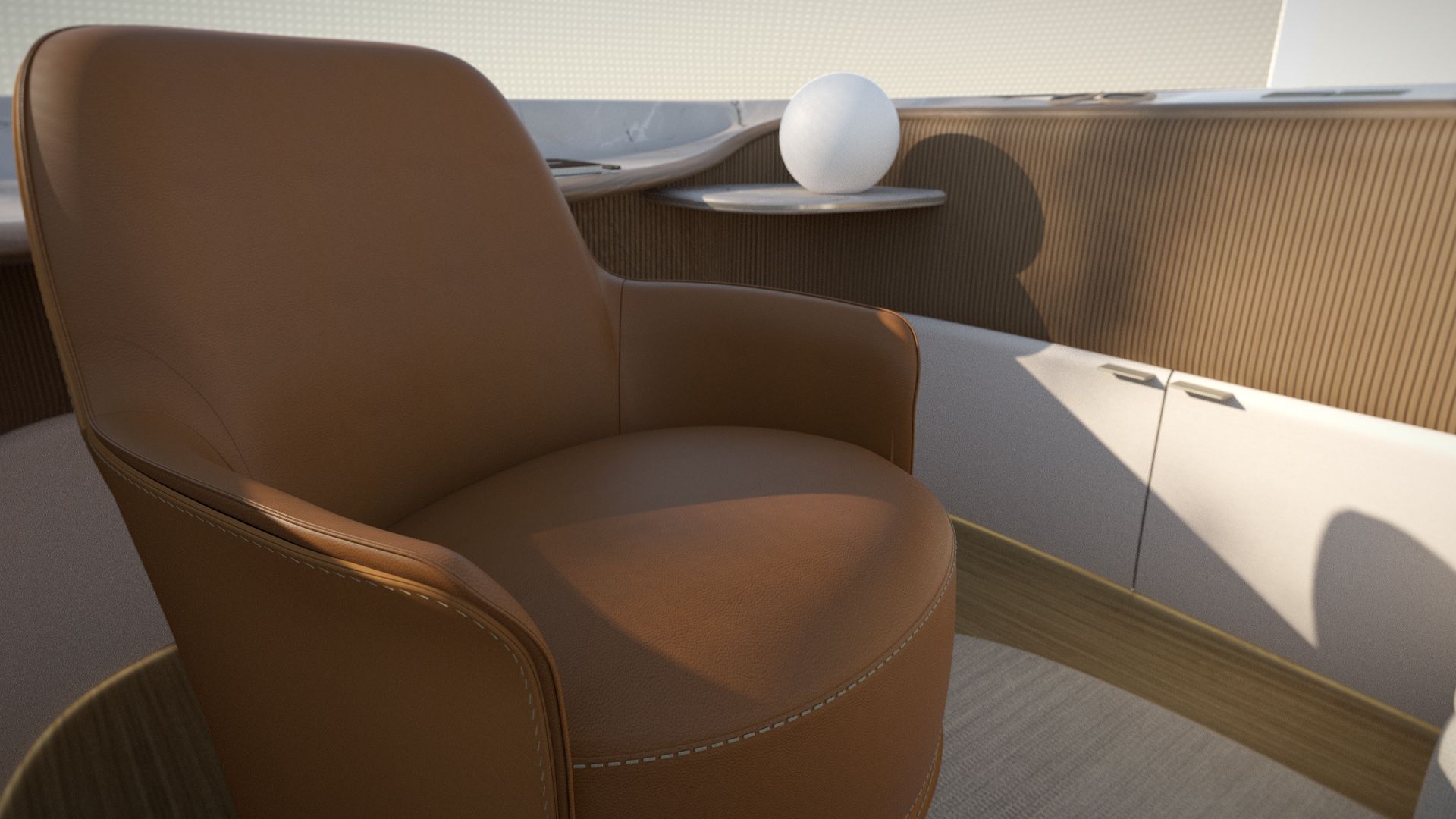 Het interieurontwerp van Poliform is voorzien van een bruine stoel.