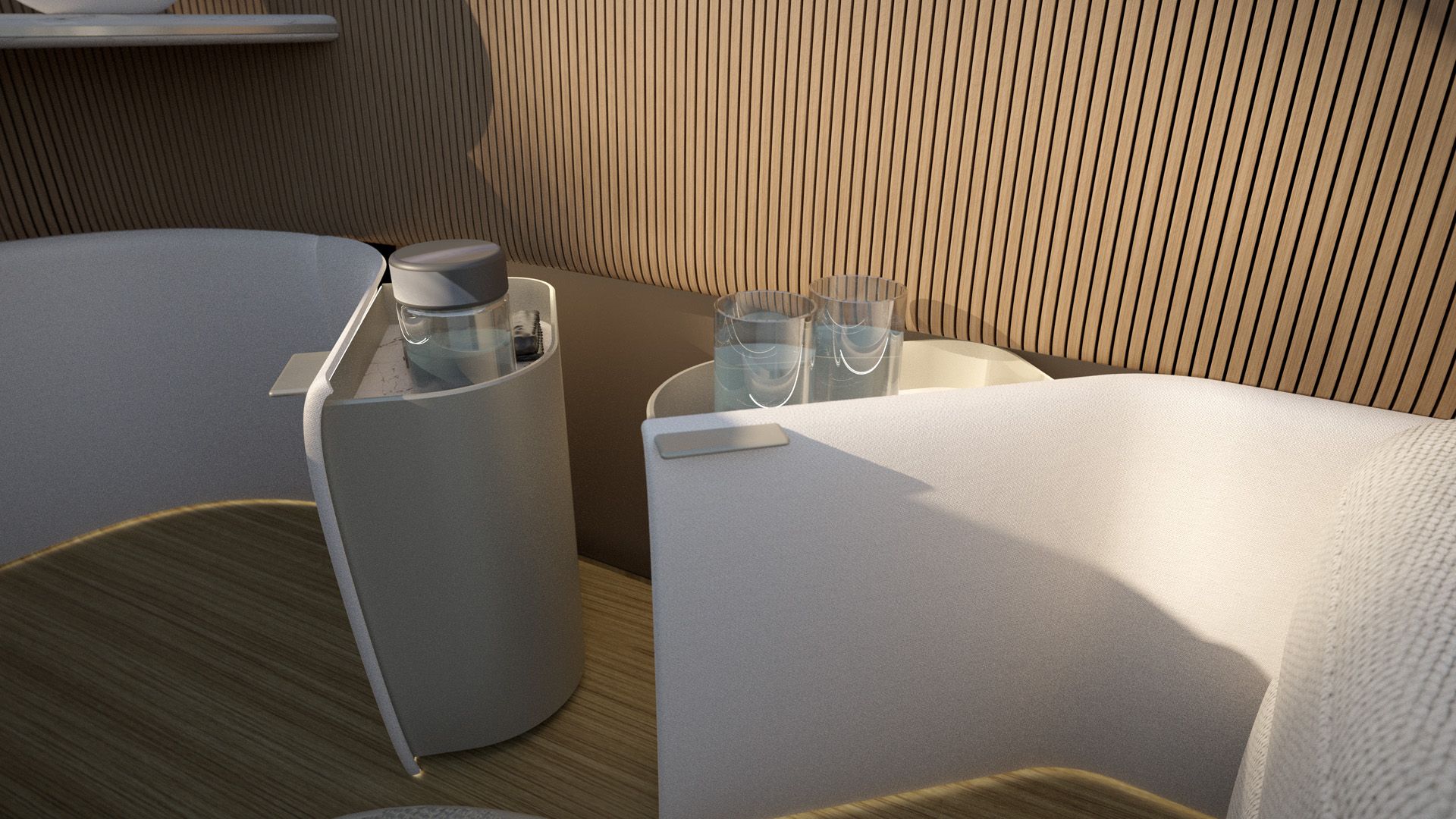 Poliform'un Audi urbansphere concept için iç tasarımındaki koltuklar, içecek tutucular bulunduruyor.