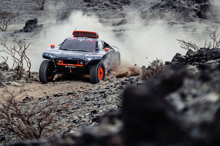 The Audi RS Q e-tron on stony terrain