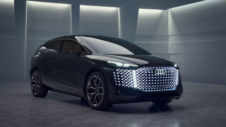 A front view of the Audi urbansphere concept, shot at a slight angle. 